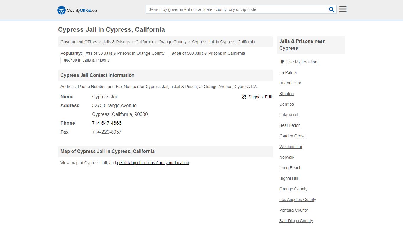 Cypress Jail - Cypress, CA (Address, Phone, and Fax) - County Office