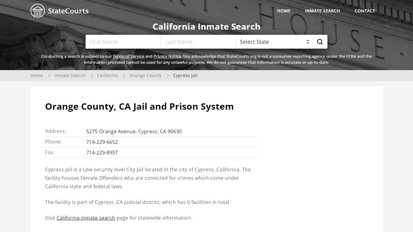 Cypress Jail Inmate Records Search, California - StateCourts